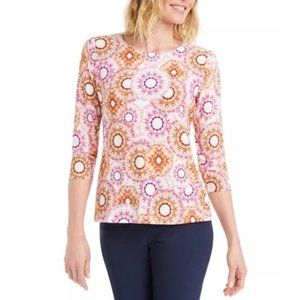 JM Collection Printed 3/4-Sleeve Jacquard Top Sz L